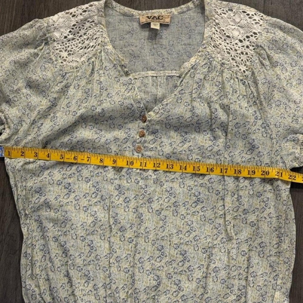 Vintage boho blue & white floral 100% cotton lace trim and tie sides, size XL - Picture 5 of 7